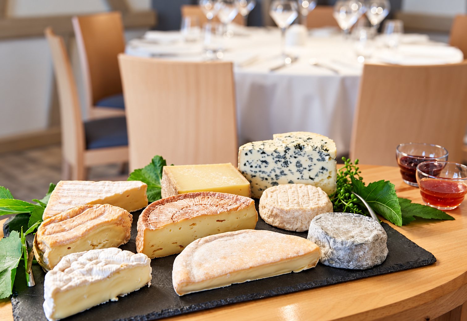 Un plateau d'ardoise présente plusieurs fromages, dont un bleu et des pâtes molles, accompagnés de confitures, devant des tables dressées dans un restaurant.